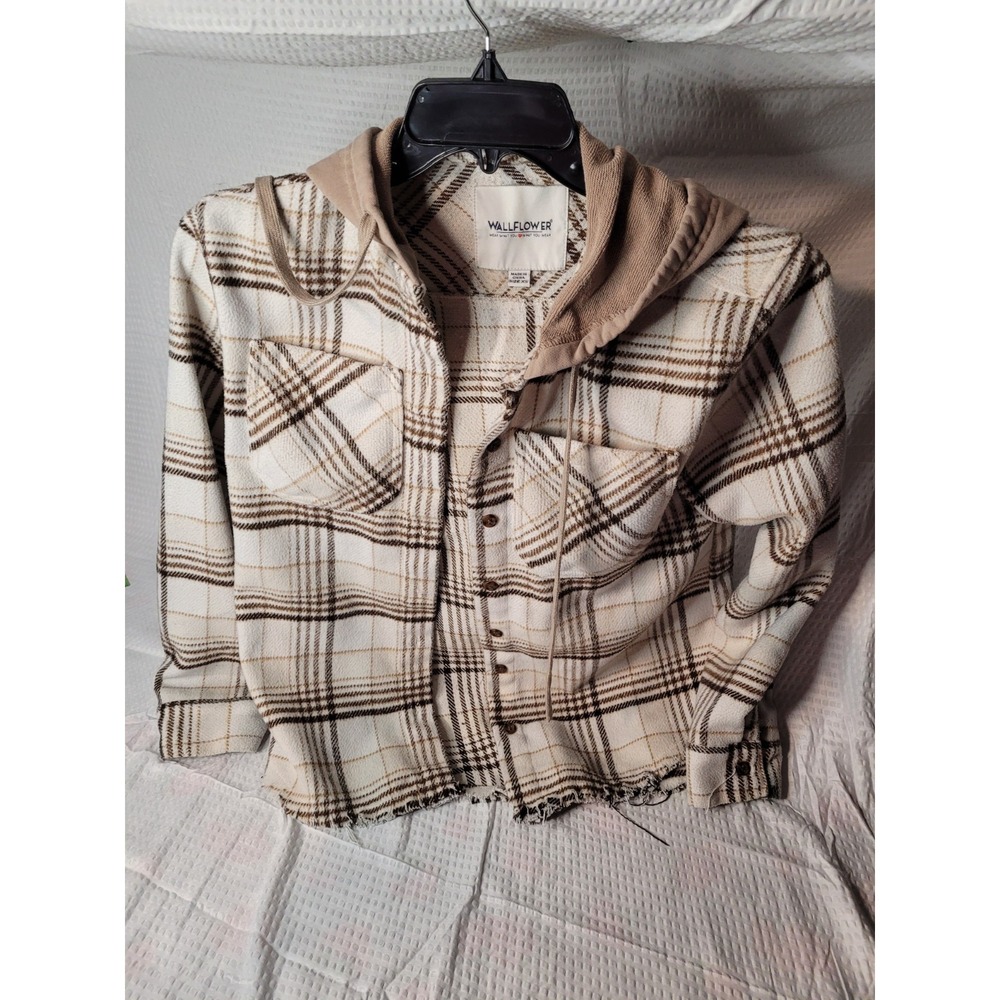 Womens Wallflower Button-up hooded Flannel XS plaid Brown/ cream